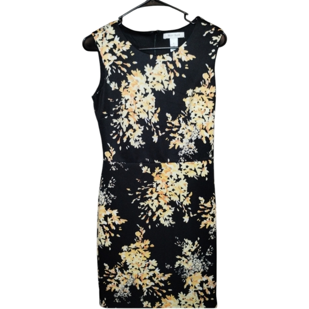 WHBM black and yellow floral  Sleeveless Crew Neck sheath dress, size 2